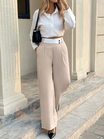 Frenchy Women Plain Color Splice Button Pocket Minimalist Design Long Pants, Casual Everyday Wear