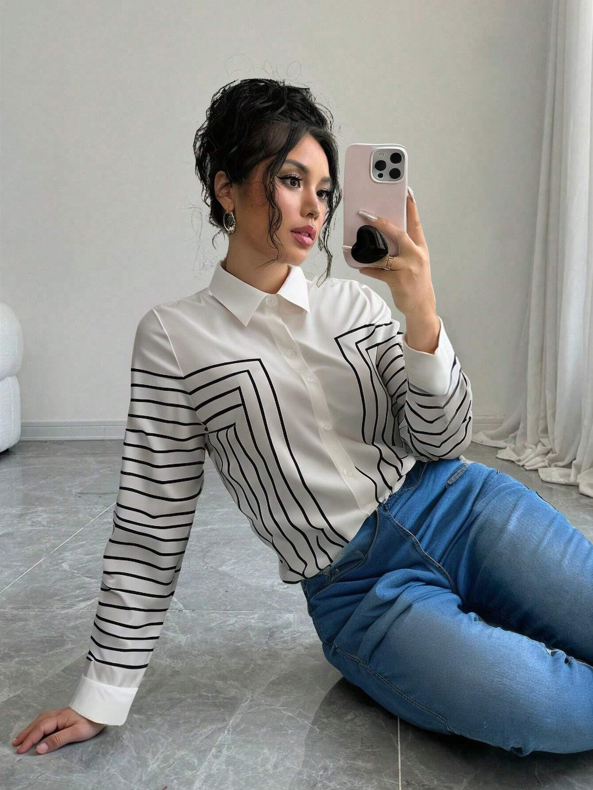 Frenchy Women Printed Long Sleeve Casual/Work Blouse, Mature Style, Graduation Attire