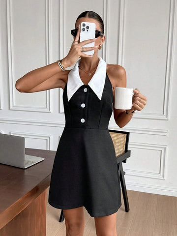Women Sexy Color Block V-Neck Backless Halter Mini Dress