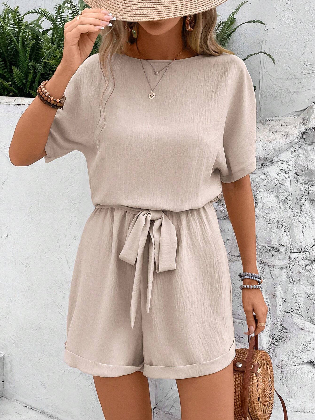 Women Solid Color Batwing Sleeve Jumpsuit For Vacation Or Leisure