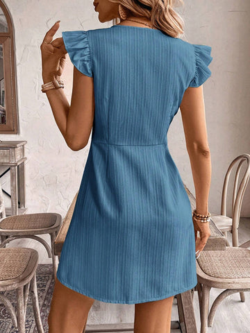 Women Solid V-Neck Twist Ruffle Hem Elegant Dress