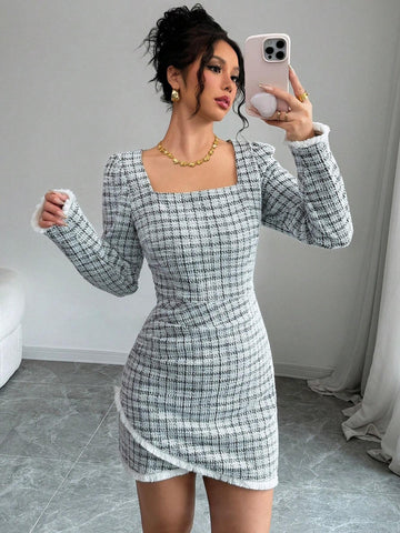 Women Square Collar Long Sleeve Plaid Casual Short Dress