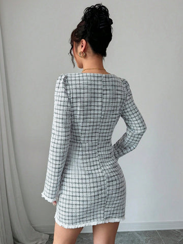 Women Square Collar Long Sleeve Plaid Casual Short Dress