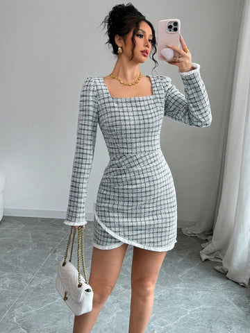 Women Square Collar Long Sleeve Plaid Casual Short Dress