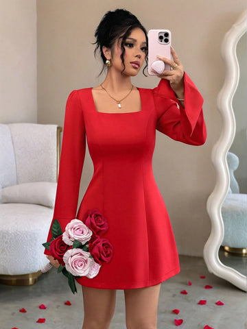 Women Square Neck Long Sleeve Fitted Slit A-Line Mini Dress, Autumn/Winter