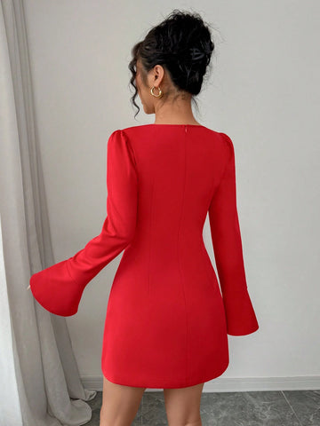 Women Square Neck Long Sleeve Fitted Slit A-Line Mini Dress, Autumn/Winter