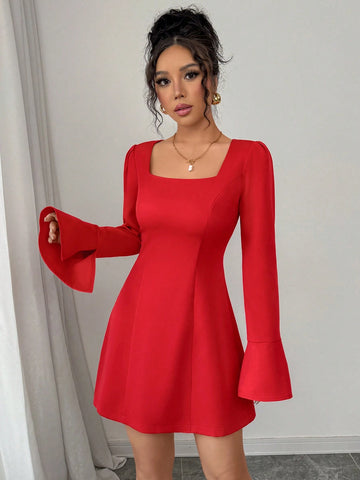 Women Square Neck Long Sleeve Fitted Slit A-Line Mini Dress, Autumn/Winter