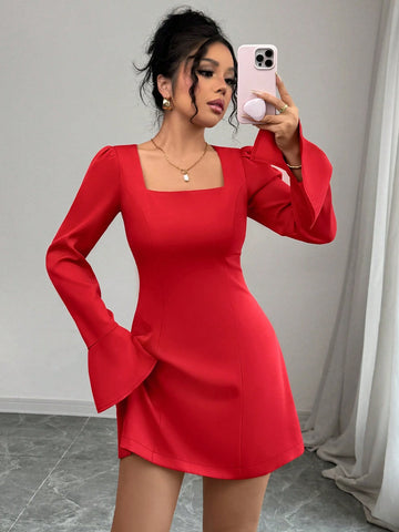Women Square Neck Long Sleeve Fitted Slit A-Line Mini Dress, Autumn/Winter