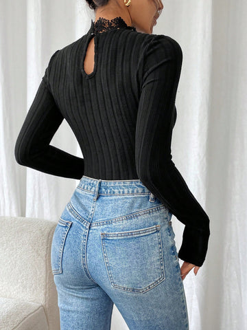 Women Stand Collar Long Sleeve Hollow-Out Casual Bodysuit, Slimming Minimalist Design,Comfortable Fabric With Good Rebound, Pit Texture Fabric, Elegant Lace Splicing, Black Jumpsuit, Long Sleeves And Tight Fit