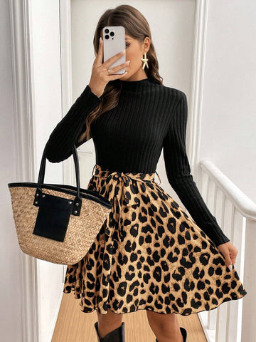 Women Stand Collar Long Sleeve Plain Patchwork Simple Casual Short Dress