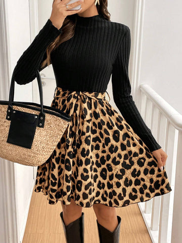 Women Stand Collar Long Sleeve Plain Patchwork Simple Casual Short Dress