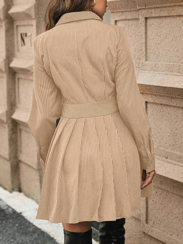 Women Striped Long Sleeve Button Down Pleated Hem Shirt Dress, Autumn