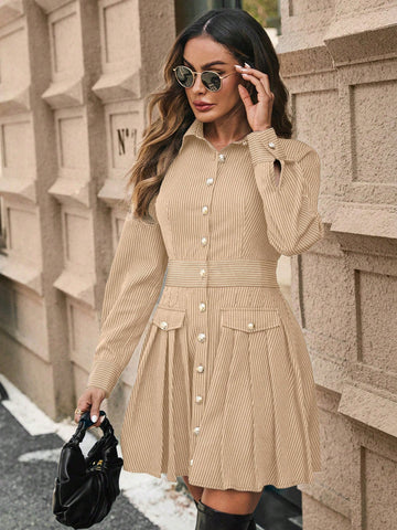 Women Striped Long Sleeve Button Down Pleated Hem Shirt Dress, Autumn