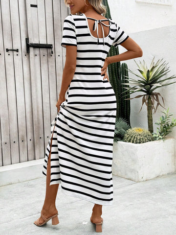 Women Striped Round Neck Short Sleeve Long Dress, Casual Daily Wear Or Beach Vacation,