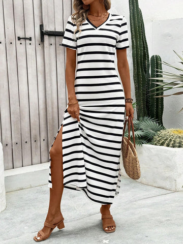 Women Striped Round Neck Short Sleeve Long Dress, Casual Daily Wear Or Beach Vacation,