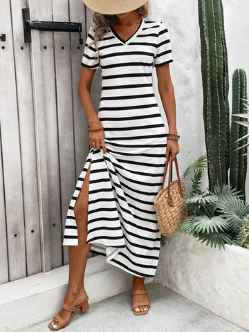 Women Striped Round Neck Short Sleeve Long Dress, Casual Daily Wear Or Beach Vacation,