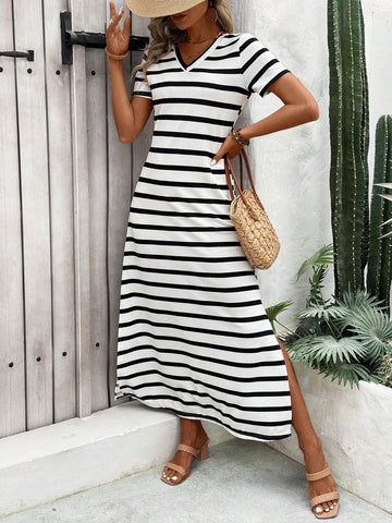 Women Striped Round Neck Short Sleeve Long Dress, Casual Daily Wear Or Beach Vacation,