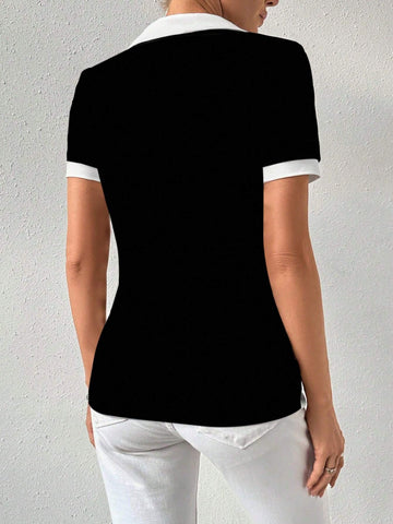 Women Summer Color Block Collared Short Sleeve Casual T-Shirt With Splice Design