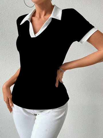 Women Summer Color Block Collared Short Sleeve Casual T-Shirt With Splice Design