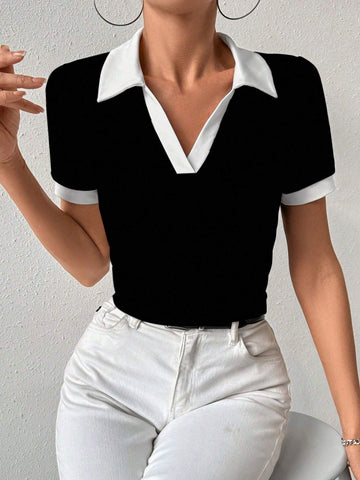 Women Summer Color Block Collared Short Sleeve Casual T-Shirt With Splice Design