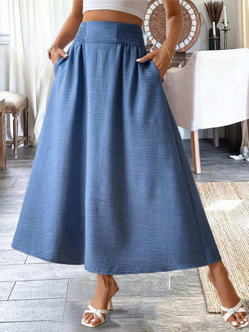Frenchy Women Summer High Waisted Denim Blue A-Line Skirt With Cable Knit Pleats