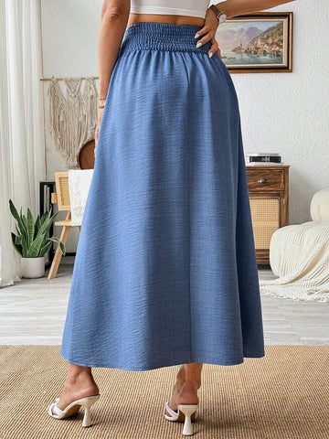 Frenchy Women Summer High Waisted Denim Blue A-Line Skirt With Cable Knit Pleats