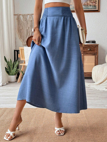 Frenchy Women Summer High Waisted Denim Blue A-Line Skirt With Cable Knit Pleats