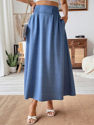 Frenchy Women Summer High Waisted Denim Blue A-Line Skirt With Cable Knit Pleats
