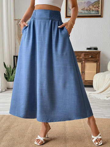 Frenchy Women Summer High Waisted Denim Blue A-Line Skirt With Cable Knit Pleats