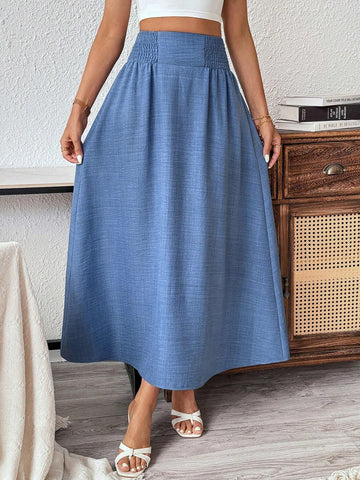 Frenchy Women Summer High Waisted Denim Blue A-Line Skirt With Cable Knit Pleats