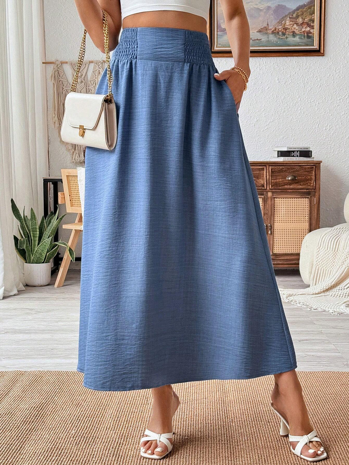 Frenchy Women Summer High Waisted Denim Blue A-Line Skirt With Cable Knit Pleats