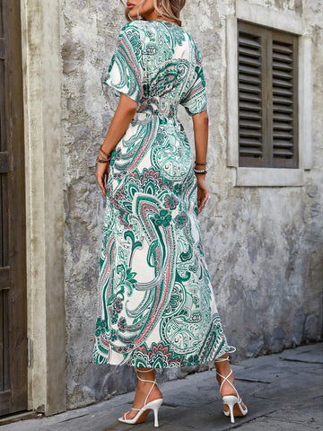 Women Summer Holiday Style Floral Print V-Neck Wrap High Slit Hem Midi Dress