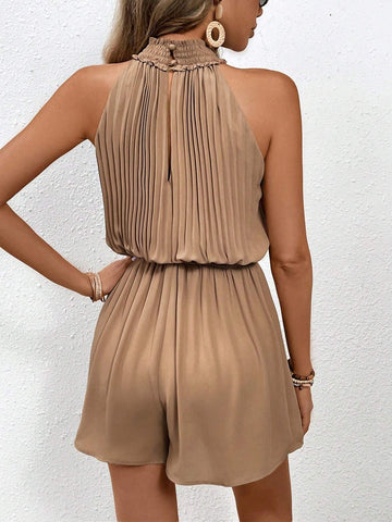 Women Summer Solid Color Pleated Halter Loose Casual Jumpsuit Shorts