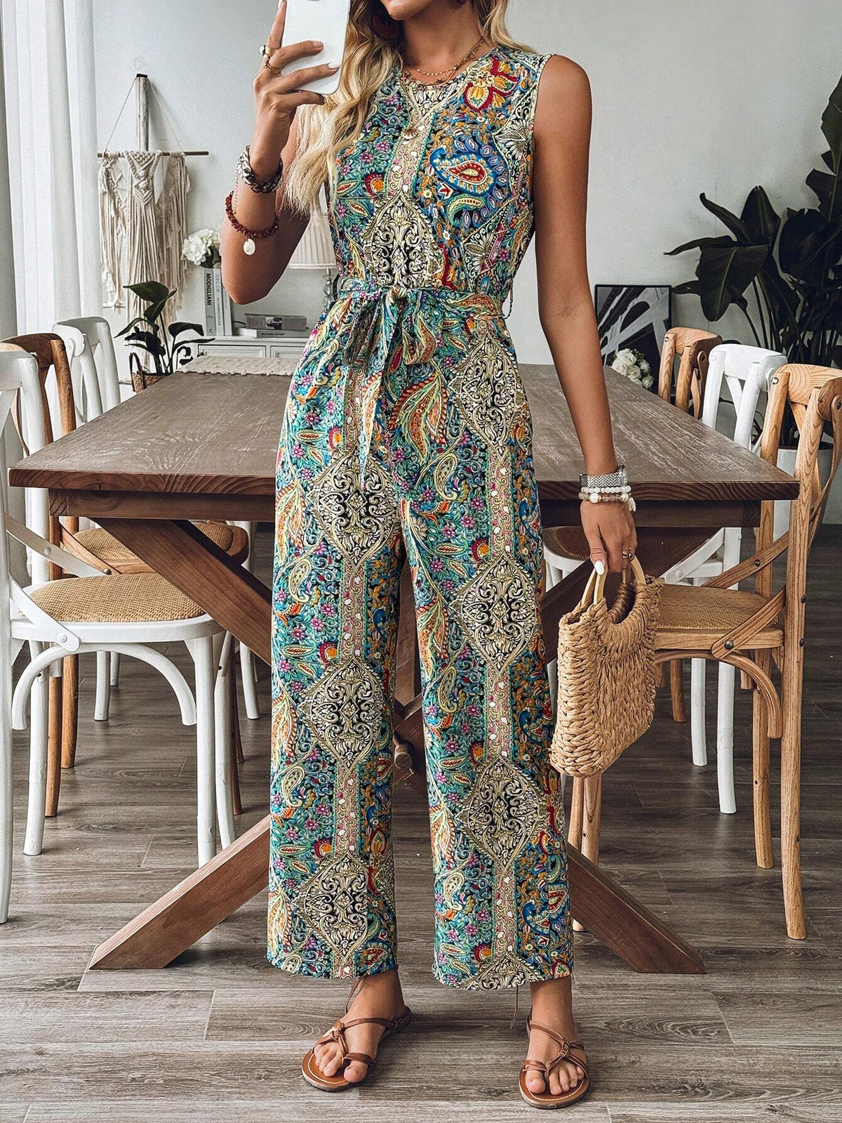 Women Summer Vacation Style Loose Waistband Print Sleeveless Round Neck Wide Leg Jumpsuit