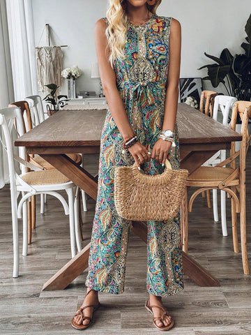 Women Summer Vacation Style Loose Waistband Print Sleeveless Round Neck Wide Leg Jumpsuit