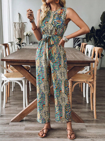 Women Summer Vacation Style Loose Waistband Print Sleeveless Round Neck Wide Leg Jumpsuit
