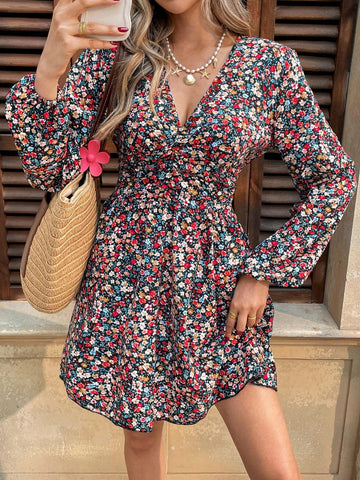 Women V-Neck Ditsy Floral Casual Long Sleeve Mini Dress