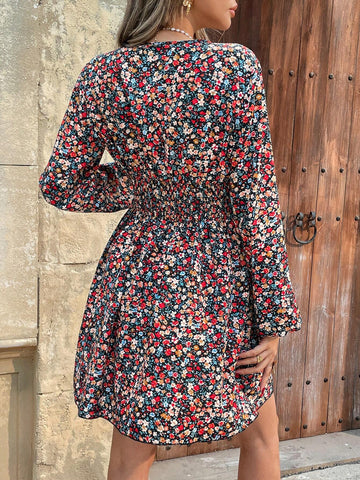Women V-Neck Ditsy Floral Casual Long Sleeve Mini Dress