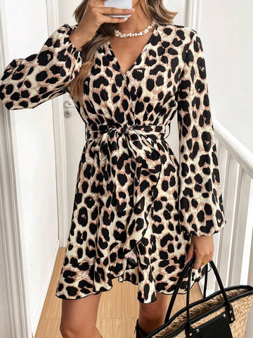 Women V-Neck Long Sleeve Front Tie Leopard Print Short Casual Dress