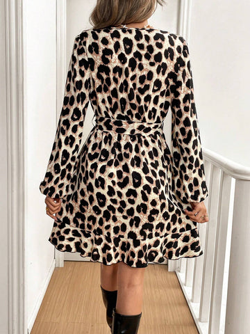 Women V-Neck Long Sleeve Front Tie Leopard Print Short Casual Dress