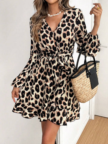 Women V-Neck Long Sleeve Front Tie Leopard Print Short Casual Dress