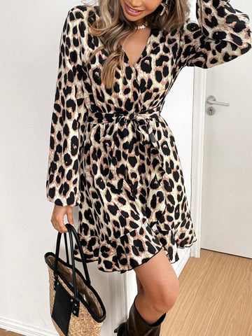 Women V-Neck Long Sleeve Front Tie Leopard Print Short Casual Dress