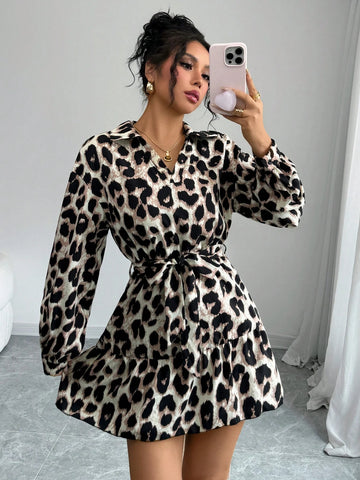 Women V-Neck Long Sleeve Leopard Print Casual Mini Dress