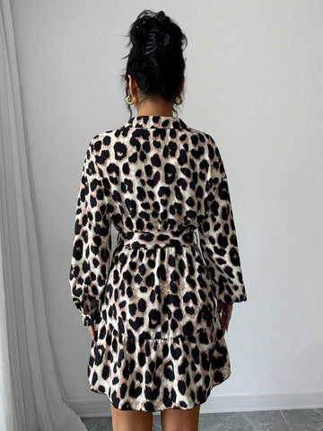 Women V-Neck Long Sleeve Leopard Print Casual Mini Dress