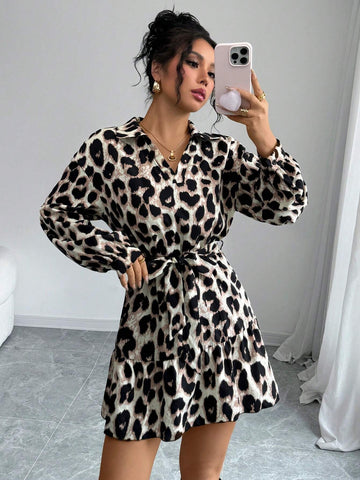 Women V-Neck Long Sleeve Leopard Print Casual Mini Dress
