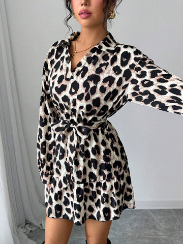 Women V-Neck Long Sleeve Leopard Print Casual Mini Dress