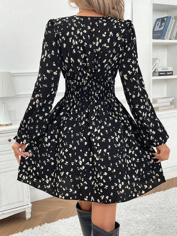 Women V-Neck Puff Sleeve Waist Ruched Short Elegant Dress, Autumn