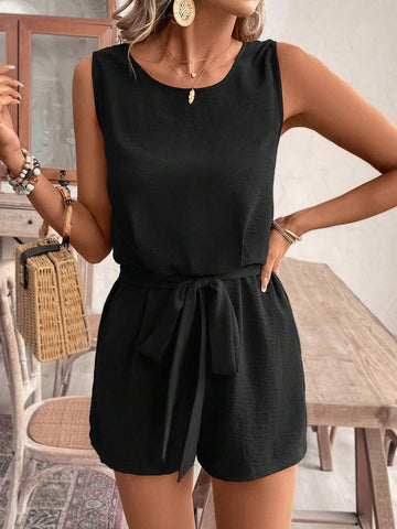 Women Vacation Leisure Solid Color Lace Stitching Sleeveless Jumpsuit, Summer Short Jumpsuit, Elegant Style, Normal Fit, Summer Romper