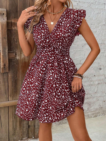 Women's A Line Floral Print V Neck Butterfly Sleeve Full Print Waist Belt Halter Neck Dress