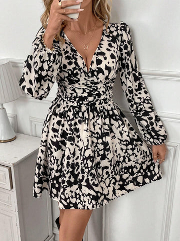 Women's Autumn All-Over Print V-Neck Lantern Sleeve Elastic Waist Elegant Mini Dress